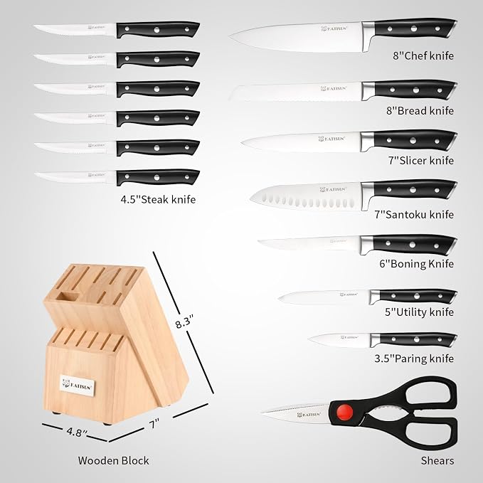 15-Piece German Steel Kitchen Knife Set with Block | ABS Ergonomic Handles For Chopping & Slicing. Includes Shears & Durable Storage Base