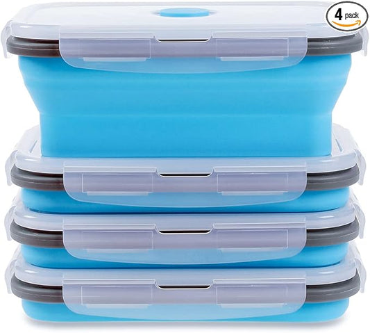 Collapsible Food Storage Containers with Airtight Lid & Vent Valve, 27 oz, Annaklin Kitchen Stacking Silicone Collapsible Meal Prep Container Set for Leftover, Microwave Freezer Safe, Blue, Set of 4
