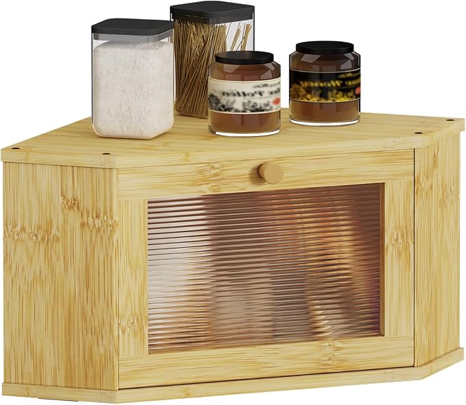 Corner Bread Box For Kitchen Countertop,Bread Storage Bin (Natural, Medium) | Small Bamboo Bread Container,Corner Shelf For Kitchen Decor