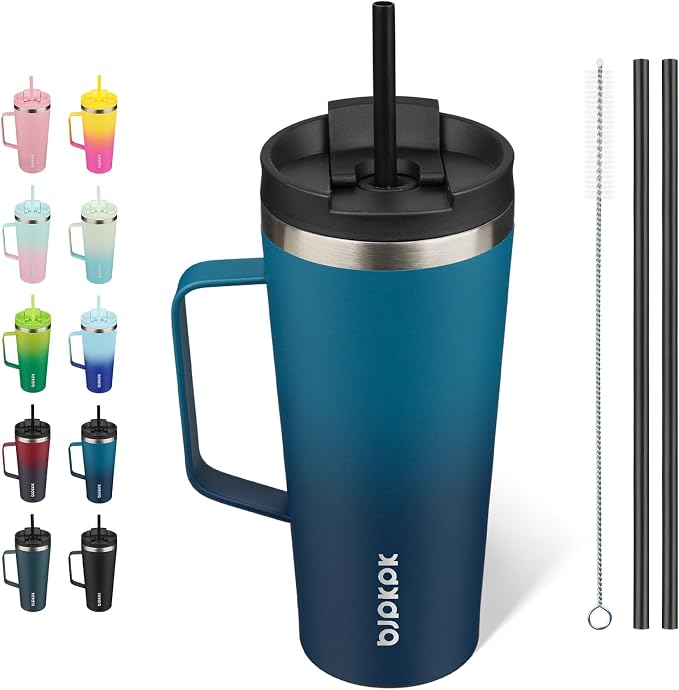 BJPKPK 22oz Insulated Tumbler with Handle, Lid & Straw, Stainless Steel | Double Wall Vacuum Insulated Coffee Travel Mug - Keeps Cold & Hot, BPA Free, Cupholder Fit for Office, Gym & Travel