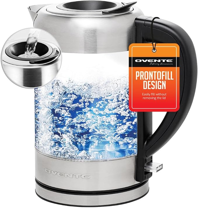OVENTE 1.7L Glass Electric Kettle Water Boiler, Silver KG612S | 1500W Fast Boiling, Easy Fill Lid, Borosilicate Glass, Blue LED Light, BPA-Free, Auto Shut-Off, Boil-Dry Protection