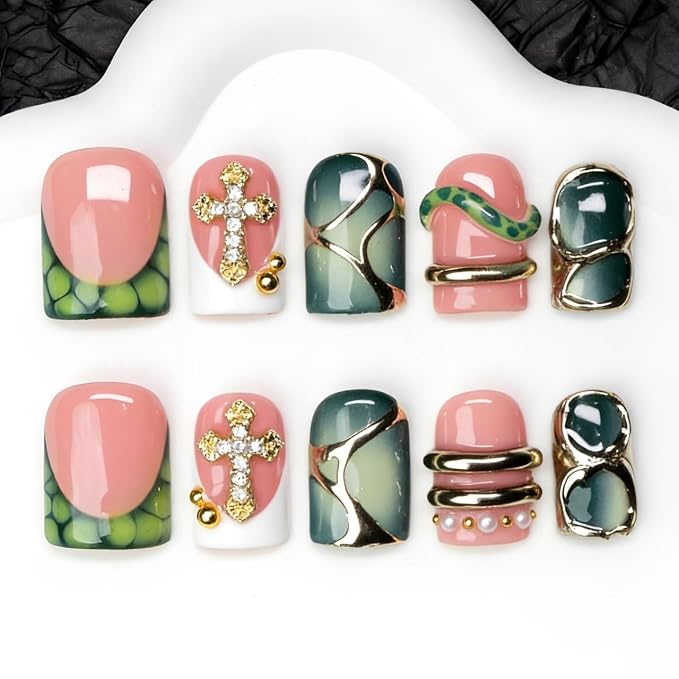 Handmade Square Press on Nails Green French Tip Short Stick on Nail 3D Silver Embossed Designs Luxury Rhinestone Pearl False Nails Muti-Layer Gel Acrylic Nails for Women Manicuare 10 Pcs（L)