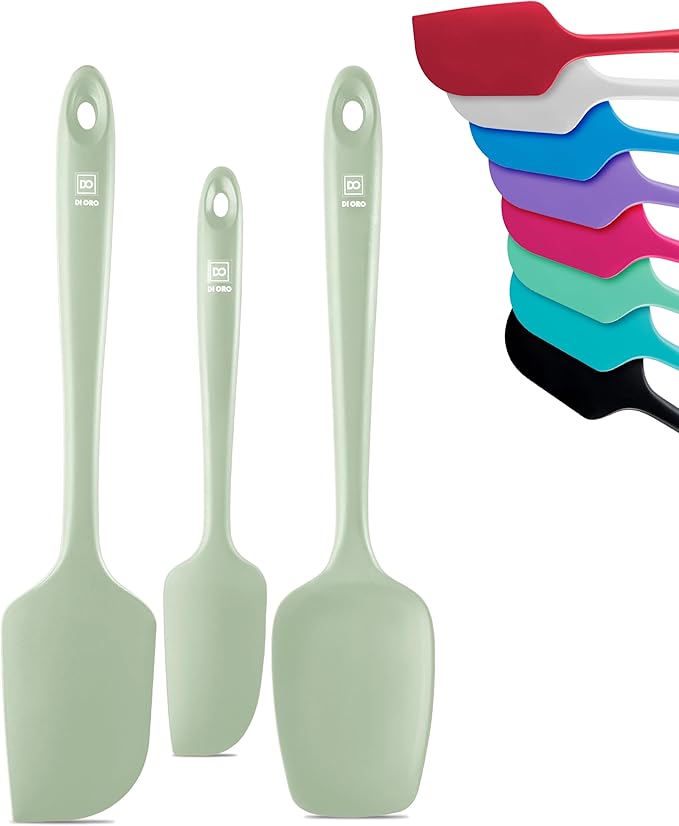 DI ORO Silicone Spatula Set - 600F Heat Resistant, 3-Pc Sage | Rubber scraper won't scratch nonstick pans; For baking, cooking, mixing, and frosting; BPA-free and dishwasher safe