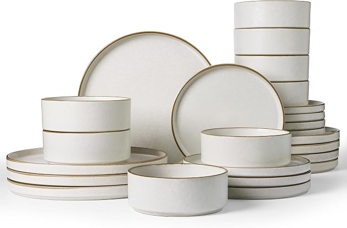 Famiware Nebula 24-Piece Dinnerware Set, Matte Beige White with Brown Rim | Stoneware Plates and Bowls, Handmade Reactive Glaze, Microwave & Dishwasher Safe, Chip & Scratch Resistant