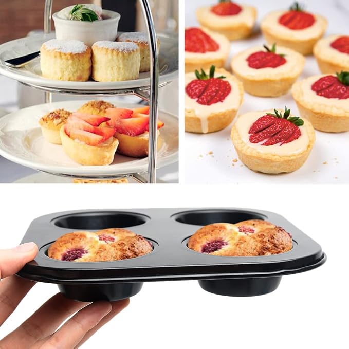2pcs 4-Hole Muffin Pan, Bakeware Non-stick Cupcake Baking Pan Mini Pie Pans, Heavy Duty Carbon Steel Muffin Tray Standard Baking Mold Pan for Oven Bakings (Black)