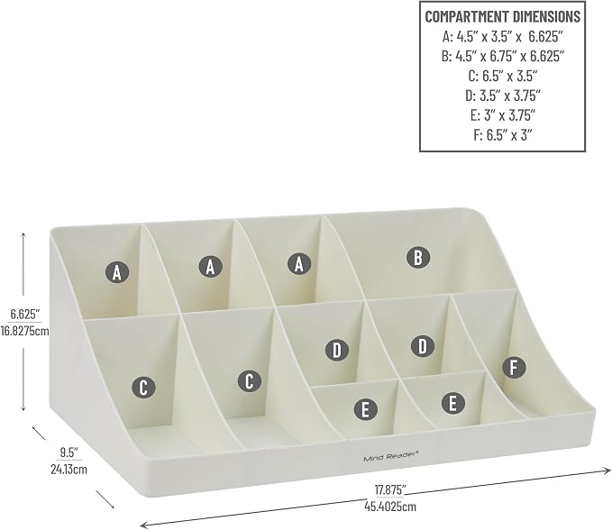 Mind Reader Cup and Condiment Station, Countertop Organizer, Coffee Bar, Kitchen, Stirrers, 17.875"L x 9.5"W x 6.625"H, White