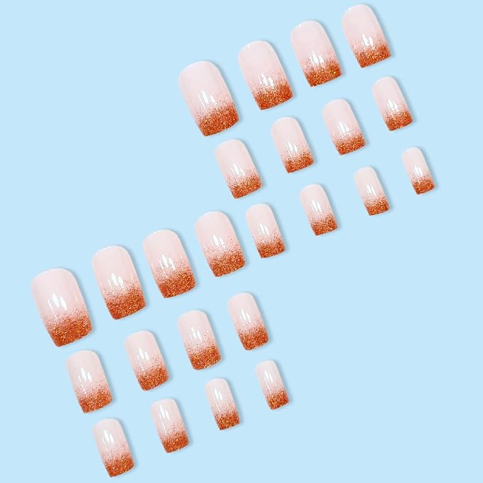 Fall Press on Nails Medium Square Fake Nails with Glitter Designs Nails Press ons Nude Pink Glue on Nails Simple Stick on Nails for Women 24 Pcs