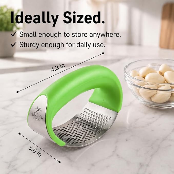 Zulay Kitchen Stainless Steel Garlic Press Rocker Set - Premium Garlic Mincer Garlic Crusher - New Innovative Garlic Crusher with Peeler and Scraper - Comfortable Grip (Green)