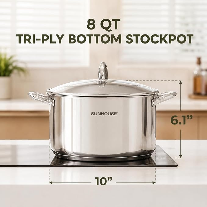 SUNHOUSE 8 Quart Stock Pot with Lid, Stainless Steel Large Pot for Cooking | 8QT Pots for Pasta, Soup - Stockpot for Canning with Impact Bonded Base - Oven Safe & Induction Compatible