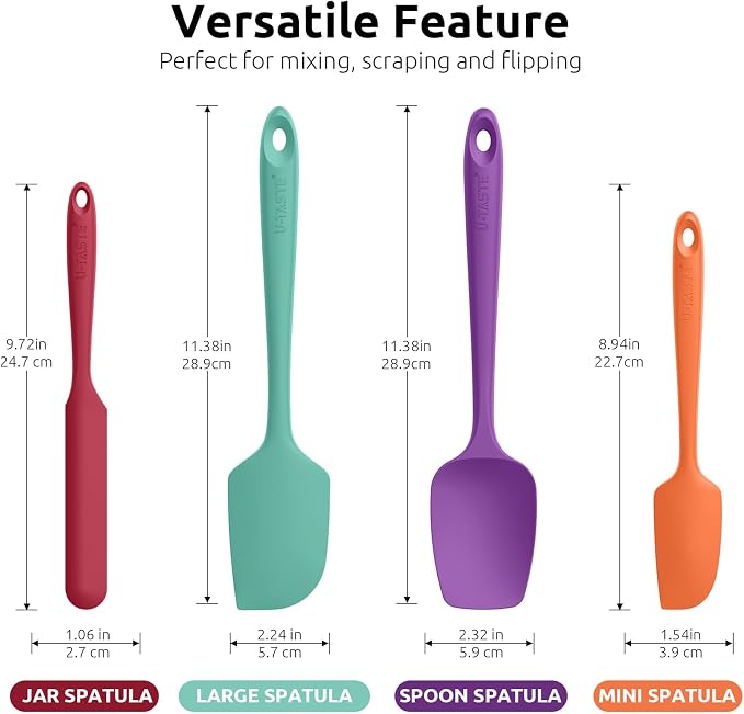 U-Taste Silicone Spatula Set 600°F High Heat Resistant, 4-Pcs, Colorful | Food Grade Hot-Proof Seamless Rubber Scraper, Kitchen Flexible Silicon Cooking Utensil Set, Diswasher Safe Baking Supplies