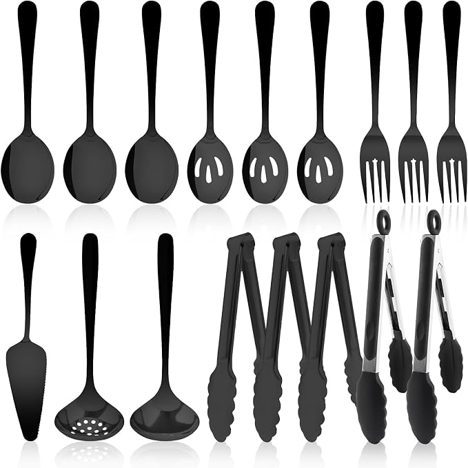 17PCS Serving Spoons and Utensils Set, Stainless Steel Serveware Black | Serving Spoons,Slotted Spoons,Forks,metal and silicone-tip tongs,Cake Server,Ladle,Skimmer for Buffet, Catering, Party