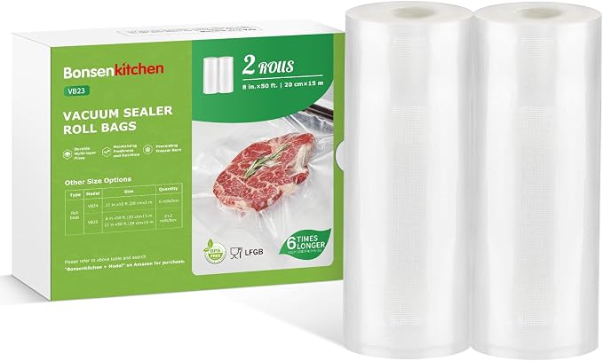 Bonsenkitchen Vacuum Sealer Bags Rolls, 2 pack 8 in x 50 ft Rolls | Commercial Grade, Heavy Duty, Durable Food Sealer Bags, Seal a Meal, Food Storage & Sous Vide Cooking, BPA Free, VB23