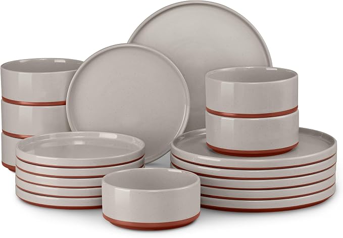 LIANYU 18 Piece Dinnerware Set for 6, Modern Style Stoneware Dinnerware Set | Scratch Resistant, Dishwasher Safe Bowl and Plate Sets, Ceramic Dish Dinner Set, Terra Brown