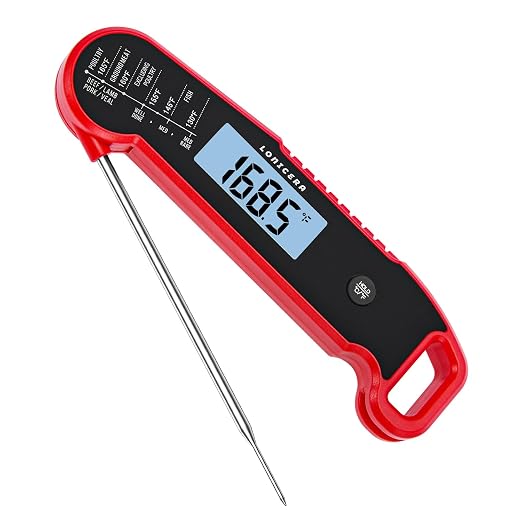 Lonicera Instant-Read Meat Thermometer, 1-Second, IP67 Waterproof, Red | Thermocouple sensor delivers readings in 1 second with ±0.9°F accuracy, plus IP67 waterproofing, auto-rotate and wake