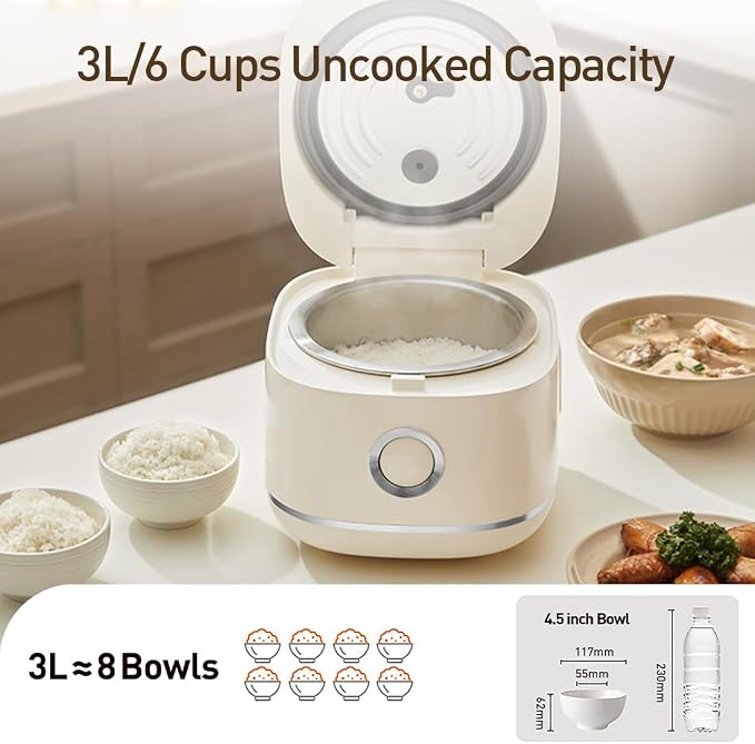 Joydeem Stainless Steel Rice Cooker, Uncoated Non-Stick 316L Stainless Steel Inner Pot, 6 Cup Uncooked, 3L/3.2 qt, DFB-D300, Cream Color