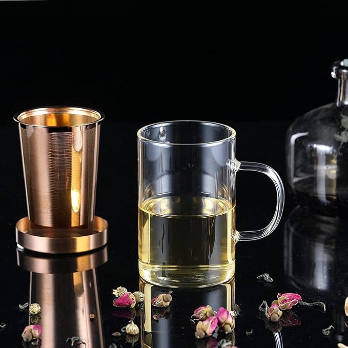 ecooe Tea Infuser Mug 16.9oz Glass Tea Cup with Removable Stainless Steel Infuser and Lid, Clear Glass Tea Cup 500ml Teacup for Loose Leaf Tea, Birthday for Parents Dad Mum Friends (Bronze) | 500ml, Clear Glass Tea Cup, with Stainless Steel Infuser/Lid...