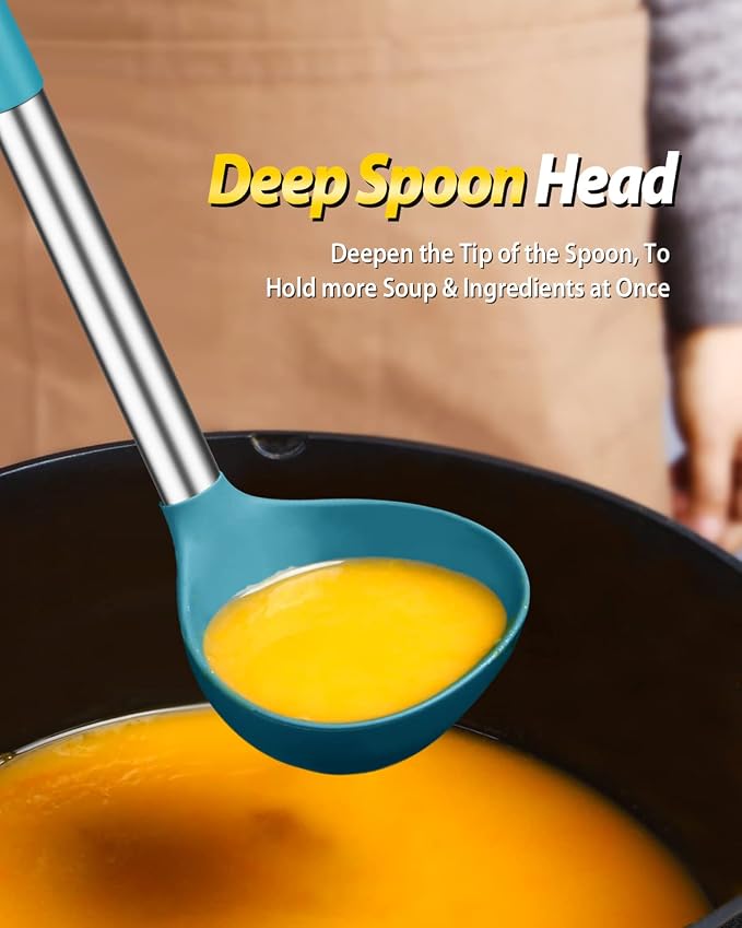 BUNDLEPRO Silicone Pasta Fork and Ladle Spoon Set, 2 Pack, BLUE | Large Non Stick, High Heat Resistant Kitchen Utensils for Cooking,Stirring,Serving Spaghetti, Soup, Sauce