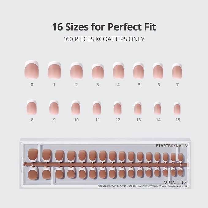 BTArtboxnails XCOATTIPS White French Tip Press On Nails, XS Squoval, Brown | Lamp-Curable, 4-Week Wear, Natural Nail Look, Salon Quality Value at Home, Easy-to-Apply for Beginners, 160ct Nail Tips Only