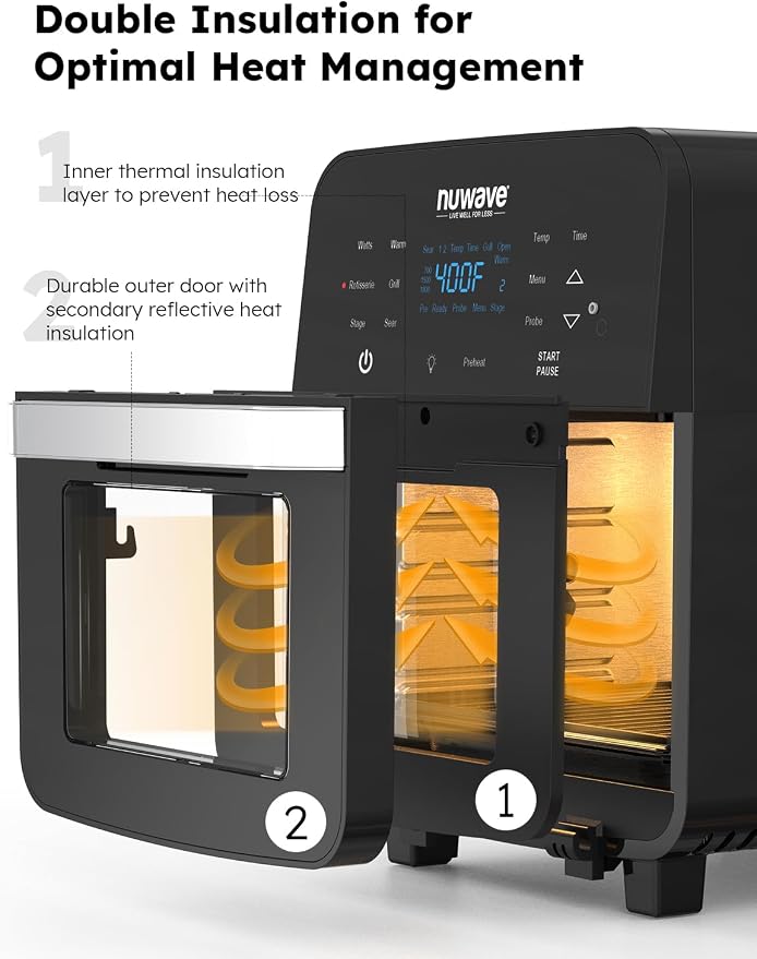 Nuwave Brio Air Fryer Oven, 15.5Qt X-Large Family Size, Powerful 1800W | SS Rotisserie Basket & Skewer-Kit, Reversible Ultra Non-Stick Grill/Griddle Plate, Integrated Smart Thermometer, Black