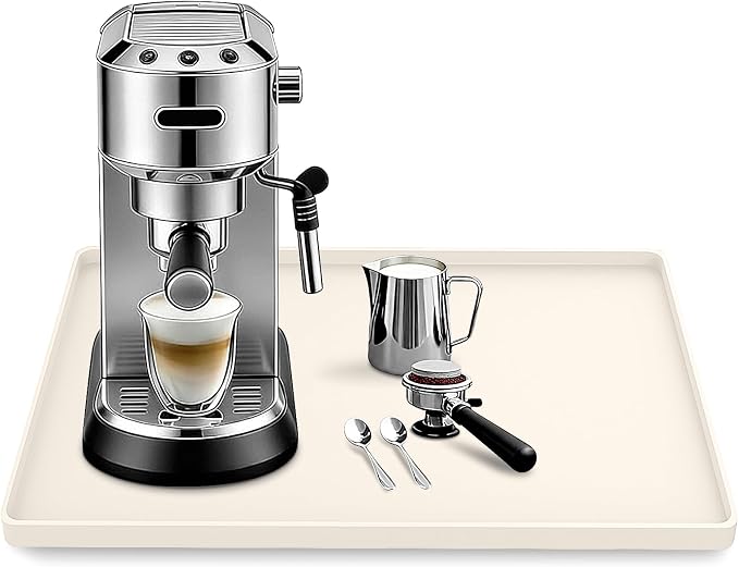 Silicone Coffee Maker Mat with Lip for Countertops 15.7''x11.8''Cream White | Multi leak-proof coffee tray for countertop, non-slip silicone mat fits most coffee makers & espresso machines, wipe-clean