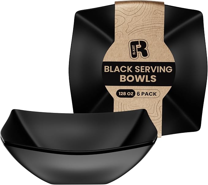 R-kay 6 Pack Square Extra Large Plastic Black Serving Bowls -128 Oz Black Plastic bowls - Salad Bowls Large Serving, Premium Heavy Duty For Weddings Catering And Birthday parties