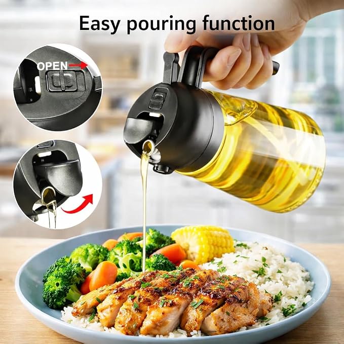 16oz/470ml Glass Olive Oil Sprayer for Cooking, 2 in 1 Oil Dispenser for Kitchen Gadgets, Food Grade Premium Spray Bottle with Portion Control for Salad, Frying