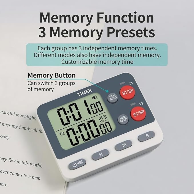 Digital Dual Kitchen Timer, 2 Channels Count UP/Down Kitchen Timer for Cooking, Large Display Cooking Timer with Magnetic Back, Loud Volume Alarm and Flashing Light, Battery Included