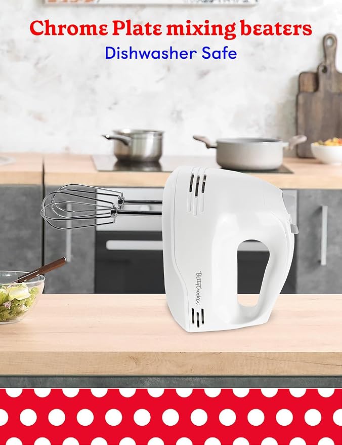 Betty Crocker 5-Speed Hand Mixer, 150 Watts Power, BC-4203WT, White | Easy-Clean Chrome Plate Beaters, Beater Eject Button, Heel Rest, Sleek Compact Design, Apartment Essentials