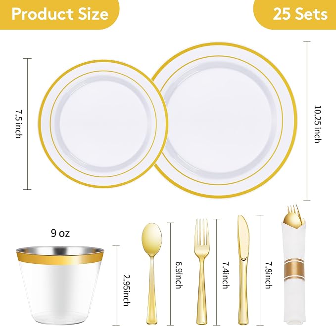 175 Piece Gold Plastic Dinnerware Set for 25 Guests | Disposable Dinnerware Includes: 25 Dinner Plates, 25 Dessert Plates, 25 Pre Rolled Napkins with Gold Silverware, 25 Cups