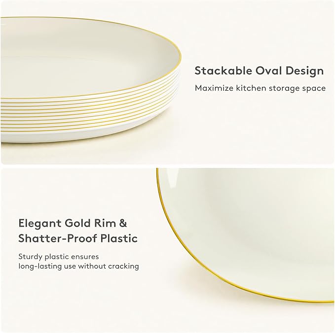 6Pcs Ivory and Gold Plastic Platters - 10’’ x 12’’ Elegant Ivory Oval Disposable Plates - Heavy Duty Serving Trays for Parties/Weddings/BBQ/Picnic/Dinner Party