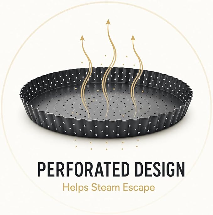 10 Inch Perforated Quiche Pan for Crispy Crust. Removable Bottom, Non-Stick Coating, Rugged Carbon Steel Dish for Tart Quiche Pie Baking. Gift for Christmas Thanksgiving Party