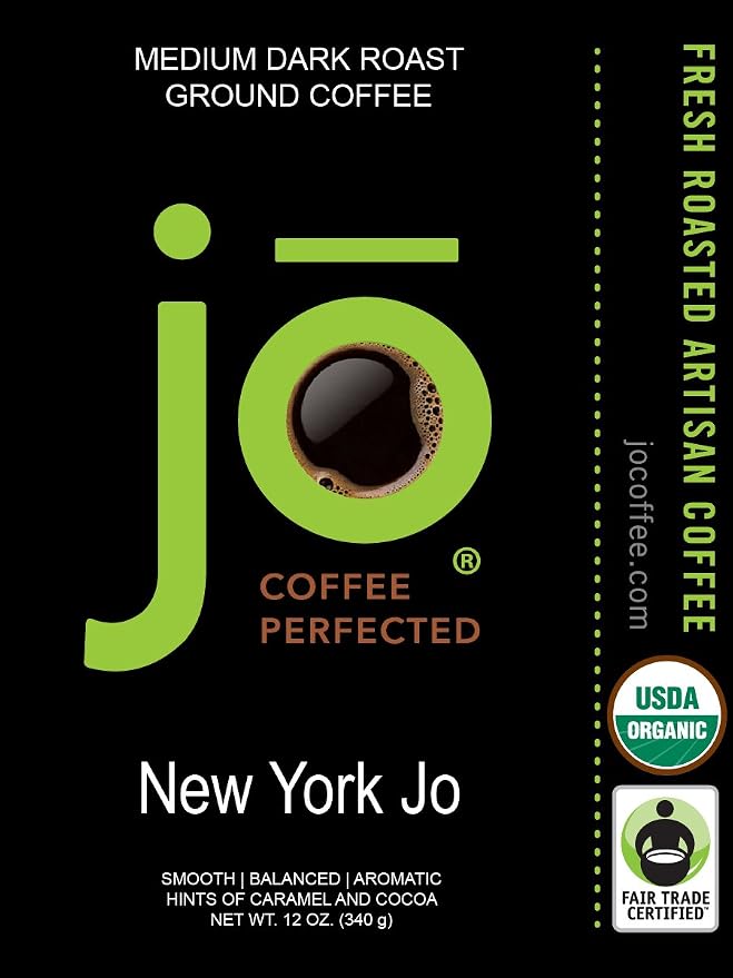 NEW YORK JO: 12 oz Organic Coffee, Medium-Dark Roast, Ground | Our Signature Blend, USDA Fair Trade Kosher Certified, NON-GMO, Gluten Free, 100% Specialty Gourmet Arabica from Jo Coffee®