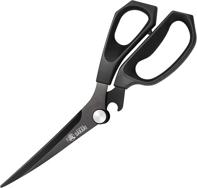 MITSUMOTO SAKARI Kitchen Shears, Titanium Plated, 3CR13MOV Steel | Micro-Serrated Stable Cutting, Non-Slip PP/TBR Ergonomic Handle, Built-In Bottle Opener Joint, Meat Veg Herb Versatile