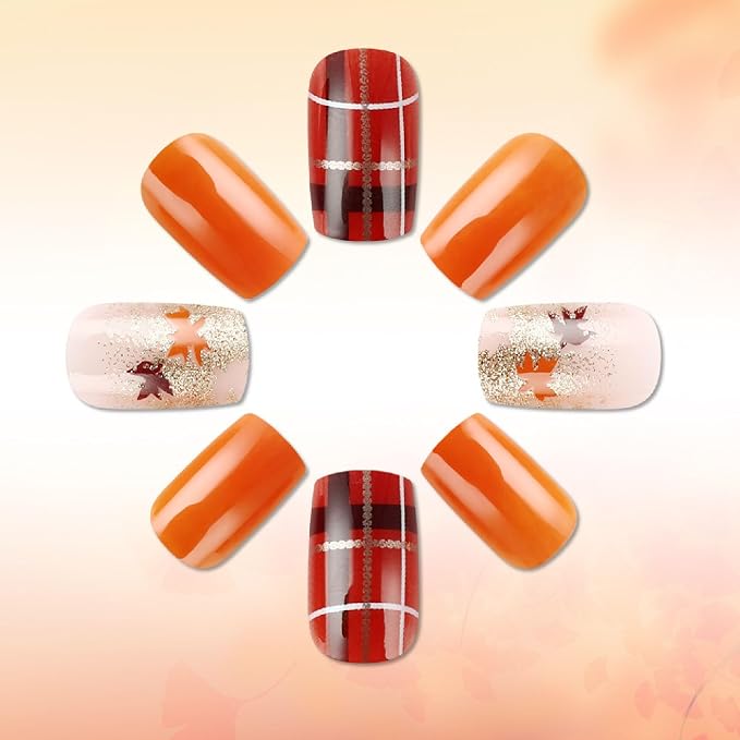 Fall Press on Nails Medium Square Fake Nails with Plaid Maple Leaves Glitter Designs Nails Press ons Orange Brown Acrylic Nails Full Cover Stick on Nails for Women 24 Pcs