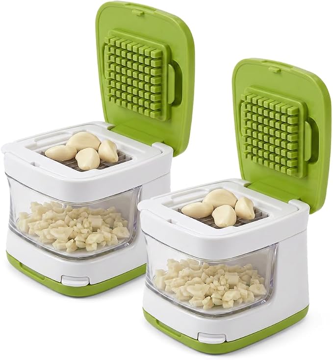 Mini Garlic Chopper and Press with Container (2 Pcs) | 2026 New Multifunctional Manual Mincer, Stainless Steel Blades, Handheld Kitchen Gadget, Dishwasher Safe