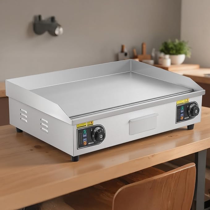 VEVOR Commercial Electric Griddle, 30" No Plug, Countertop Flat Top Griddle, Stainless Steel Teppanyaki Grill w/Iron Cooking Plate, 122-572℉ Adjustable Temp Control, 2 Shovels & Brushes