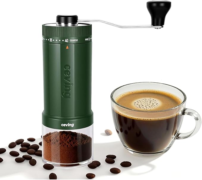 CEVING World's First 60g Large Capacity Manual Coffee Grinder, Green | 40 External Settings, Portable Hand Coffee Bean Mill with Ceramic Conical Burr for Travel, Camping, Drip, Pour Over & Gift
