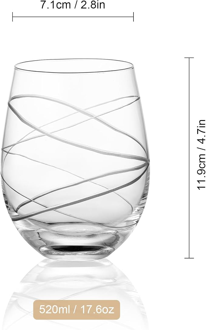 Joeyan Hand Blown Etched Stemless Wine Glasses for Red Wine,Large Carved Drinking Glass Cups Tumblers with Strips Swirls Pattern for Wedding Anniversary Party Home,Set of 2, 17.5 oz, Dishwasher Safe