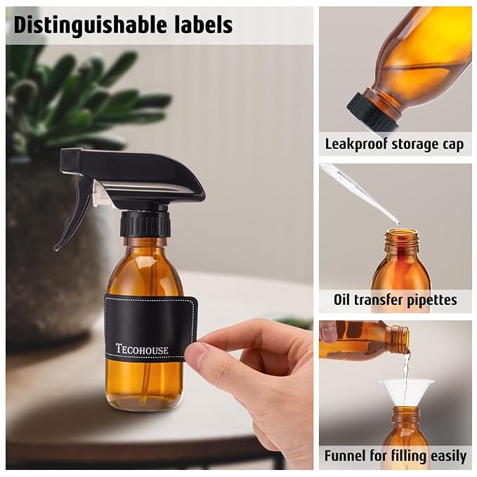 Tecohouse Small Glass Spray Bottles 4 OZ, 2 Pack Amber Glass Spray Bottles | Empty Spray Bottles for cleaning, Plants, Pets, Hair, Durable Spray Nozzle, Fine Mist, Labels, Funnel, Pipettes, Reusable