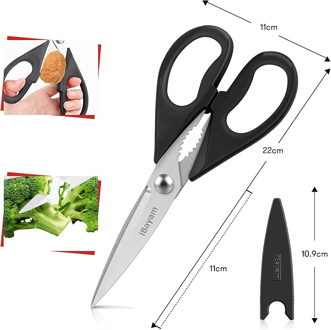 iBayam 8.7" All Purpose Kitchen Shears Heavy Duty with Protective Sheath | Built-In Bottle Opener, Durable Stainless Steel Scissors, Dishwasher Safe, Soft Grip Comfort Handle, Cooking, Food, Packaging