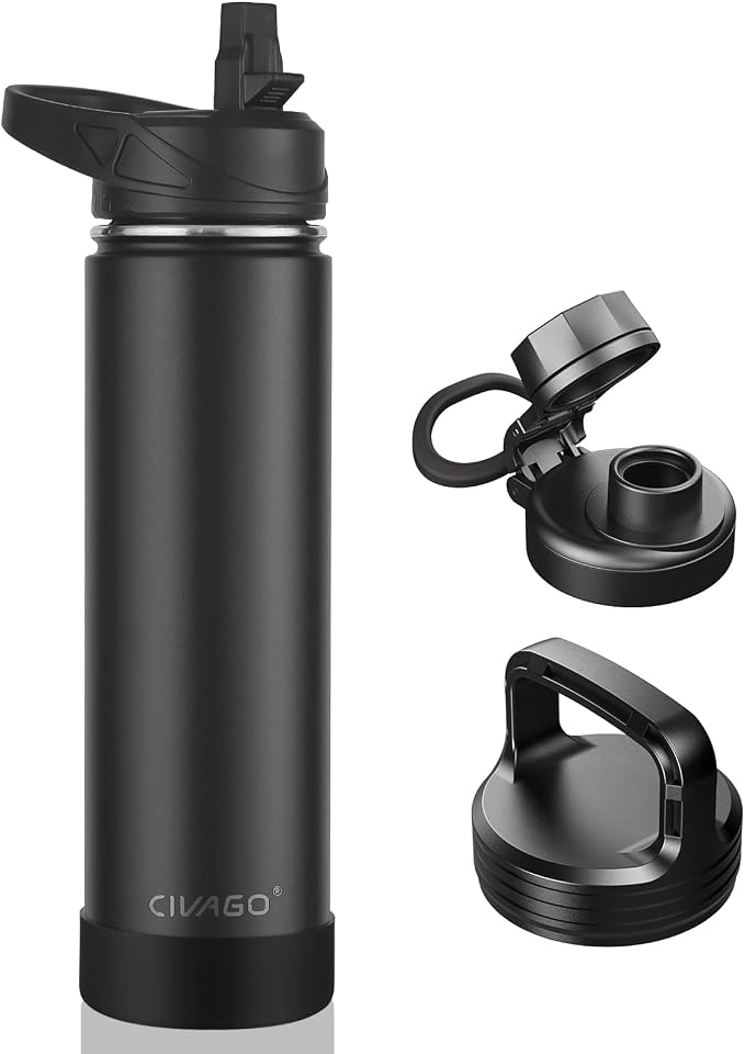 CIVAGO 24 oz Insulated Stainless Steel Water Bottle With Straw and 3 Lids | Large Metal Sports Water Jug, Leakproof Reusable Wide Mouth Thermal Flask Cup with Silicone Boot, BPA-Free, Black