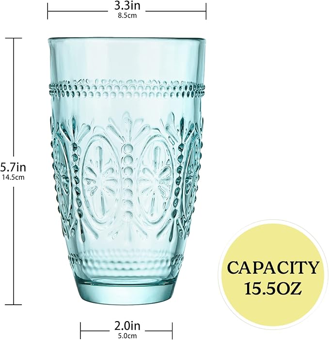 Colored Vintage Drinking Glasses Set of 4, 15.5 oz Romantic Embossed Water Glasses, Colored Tumblers Tempered Glass for Juice, Beverages, Beer, Cocktail
