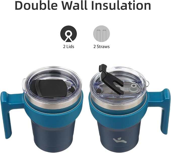 Konokyo 10 oz Tumbler with Handle and Straw, Insulated Travel Mug | Indigo Black; BPA-free, leak-proof tumbler with 2 lids, 2 straws, cup holder fit for coffee, office, travel & daily use