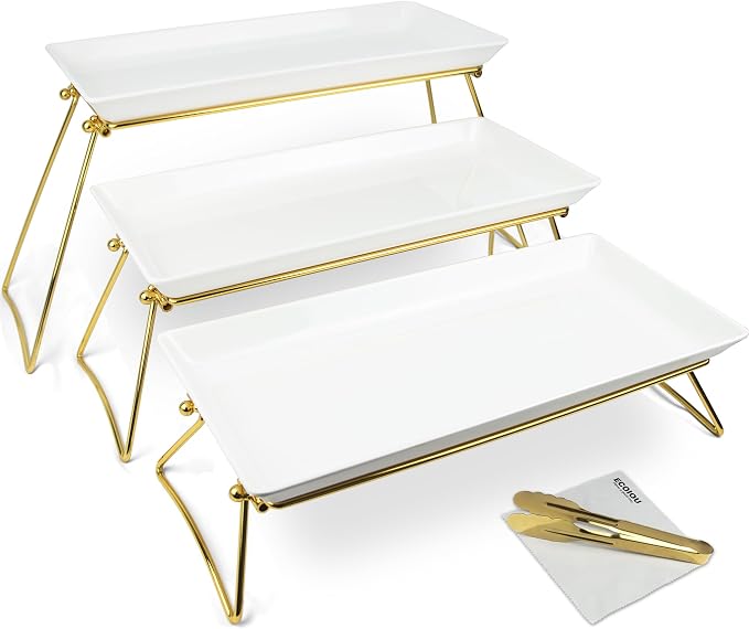ECOIOU Extra Large 3 Tier Serving Tray, 24 x22 x 9.8 Inch Melamine Tiered Tray Stand and Platters for Party Buffet Entertaining, White and Gold | Melamine Tiered Tray Stand and Platters for Party Buffet Entertaining, White and Gold