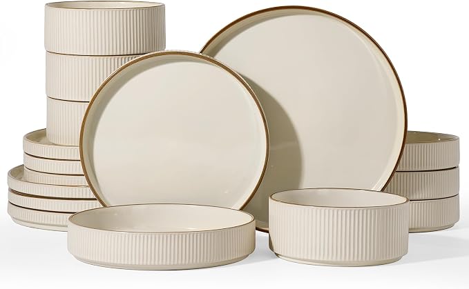 Famiware Star Stoneware Dinnerware Sets with Pasta Bowls, 16pc Dishes for 4 | Ceramic Plates and Double Bowls with Rim. Chip & Scratch Resistant. Microwave & Dishwasher Safe, Everyday & Formal Use, Cream