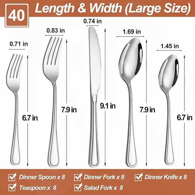 40 Pcs Silverware Set for 8, Food Grade Stainless Steel Flatware Set, Eating Utensils Sets Include Fork/Knife/Spoon, Reusable Cutlery Set for Home Kitchen, Dishwasher Safe, Double-stripe