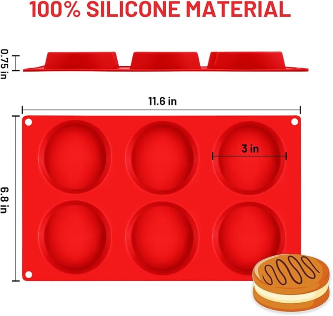 CAKETIME Muffin Top Pan, Silicone Egg Molds for Breakfast Sandwiches 3 Inch Round Egg Baking Pan for Oven English muffins, Whoopie Pies, Corn Bread, bites, Tarts 2 Pack Red