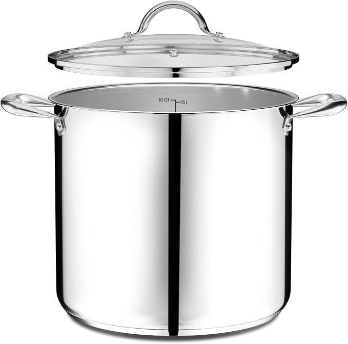 Stainless Steel Stockpot with Tempered Glass Lid 12 Quart, Durable 18/0 Stainless Steel, Impact-Bonded Base for Even Heating, Riveted Handles, Oven & All Stove Compatible, Safe Up To 500°F (260°C)
