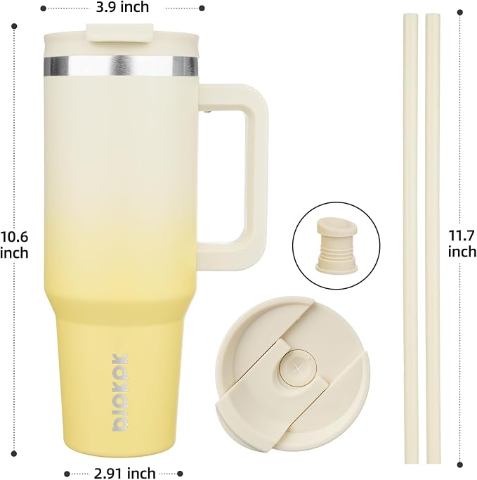 BJPKPK 40 oz Insulated Tumbler with Handle & Straw, Stainless Steel | Double Wall Vacuum Insulation, Leak Proof, BPA Free, Dishwasher Safe, Cupholder Friendly, Travel & Outdoor, Lemon