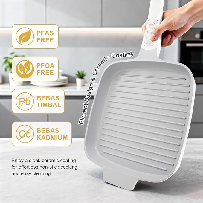 RANX INGST Nonstick Ceramic Griddle Pan with Lid, 10 Inch Steak Pan- White | Detachable Handle Induction Compatible